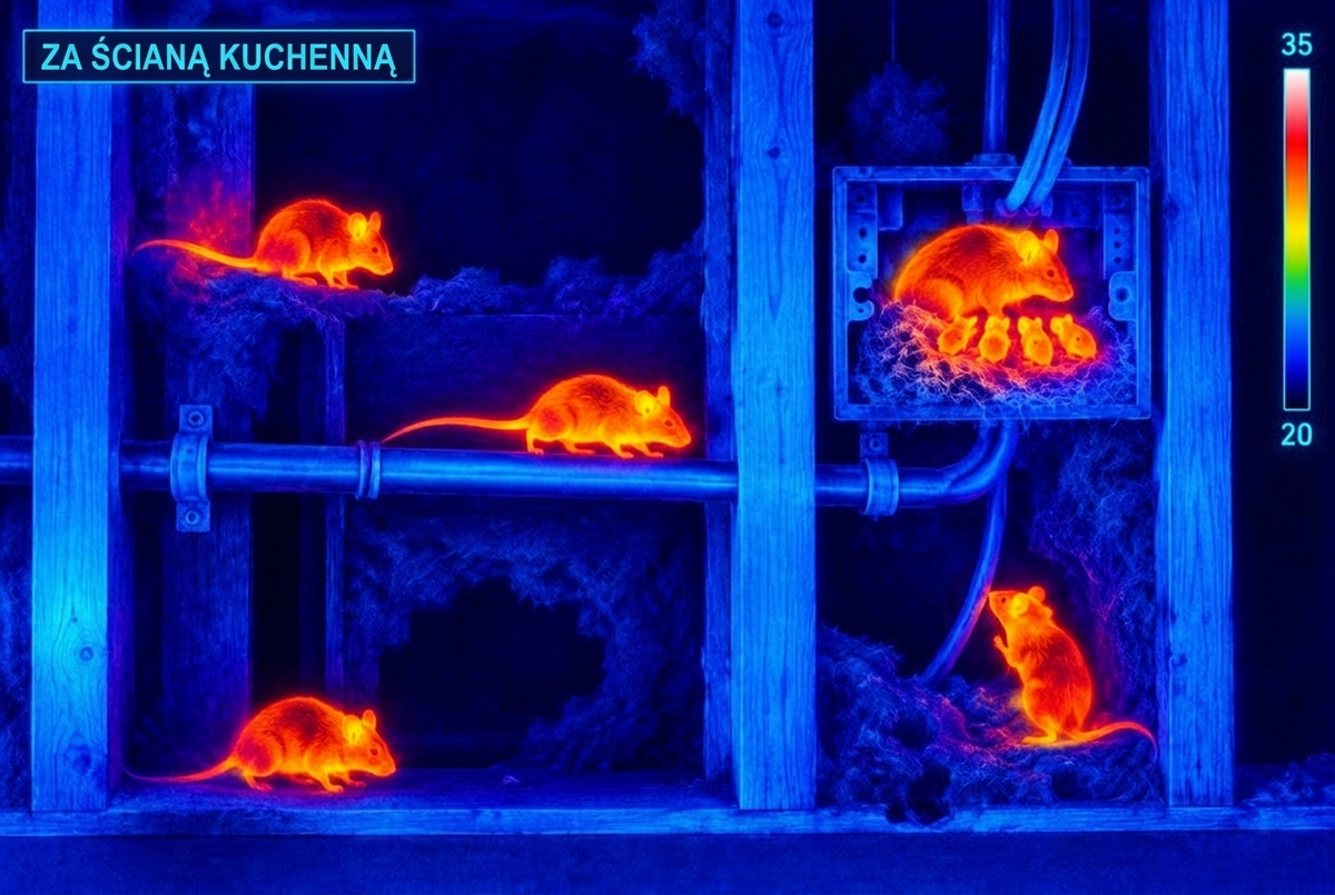 Obraz termowizyjny myszy gniazdujących we wnęce ściany kuchennej